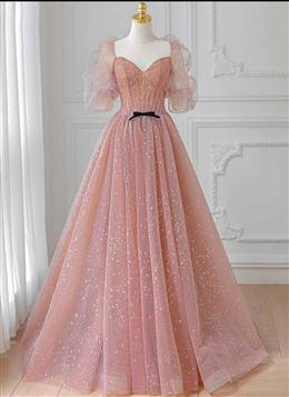 Picture of Pink Tulle Pretty Puffy Sleeves Long Prom Dresses, Pink A-line Evening Dress